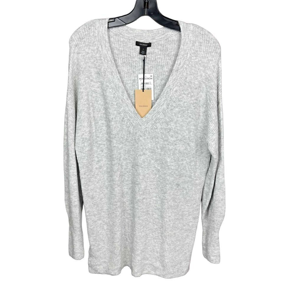 Halogen Dress Tunic Sweater V Neck Rib Knit Grey Light Heather Side Slits Small